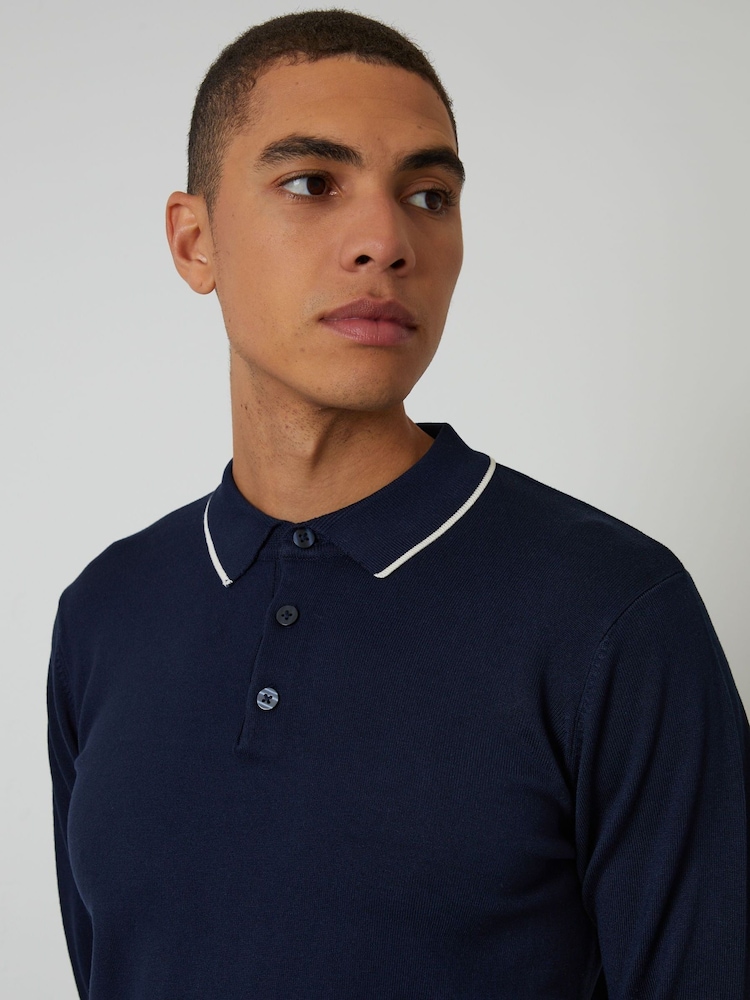 Threadbare Blue Cable Knit Long Sleeve Polo Jumper - Image 8 of 8