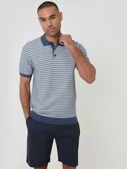 Threadbare Denim Blue Textured Stripe Knitted Polo Shirt - Image 1 of 5