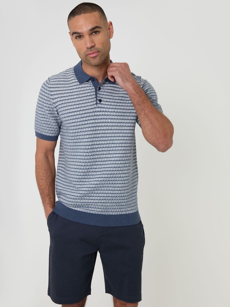 Threadbare Denim Blue Textured Stripe Knitted Polo Shirt - Image 1 of 5
