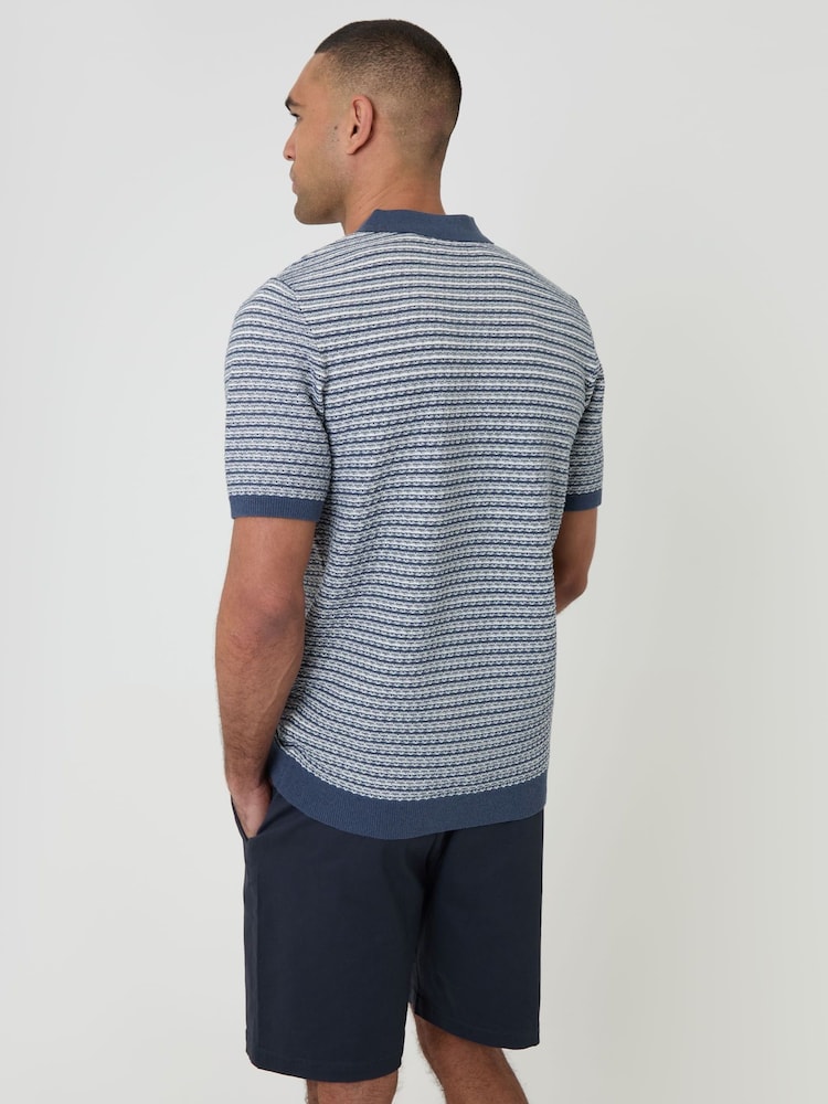 Threadbare Denim Blue Textured Stripe Knitted Polo Shirt - Image 2 of 5
