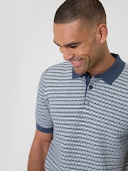 Threadbare Denim Blue Textured Stripe Knitted Polo Shirt - Image 3 of 5