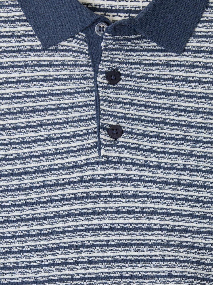 Threadbare Denim Blue Textured Stripe Knitted Polo Shirt - Image 5 of 5