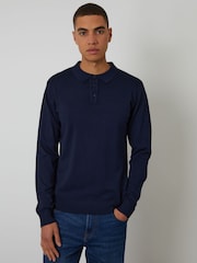 Threadbare Blue Knitted Long Sleeve Polo Jumper - Image 1 of 8