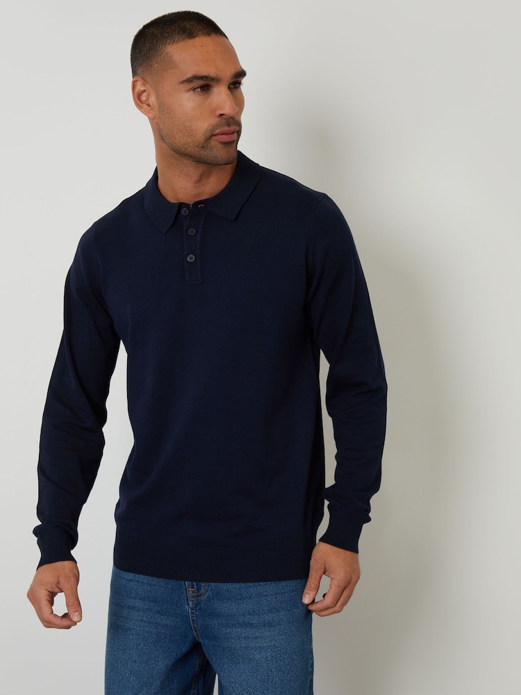 Threadbare Blue Knitted Long Sleeve Polo Jumper - Image 2 of 8
