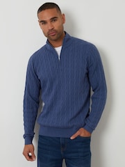 Threadbare Blue Cable Knit Quarter Zip Jumper - Image 1 of 4