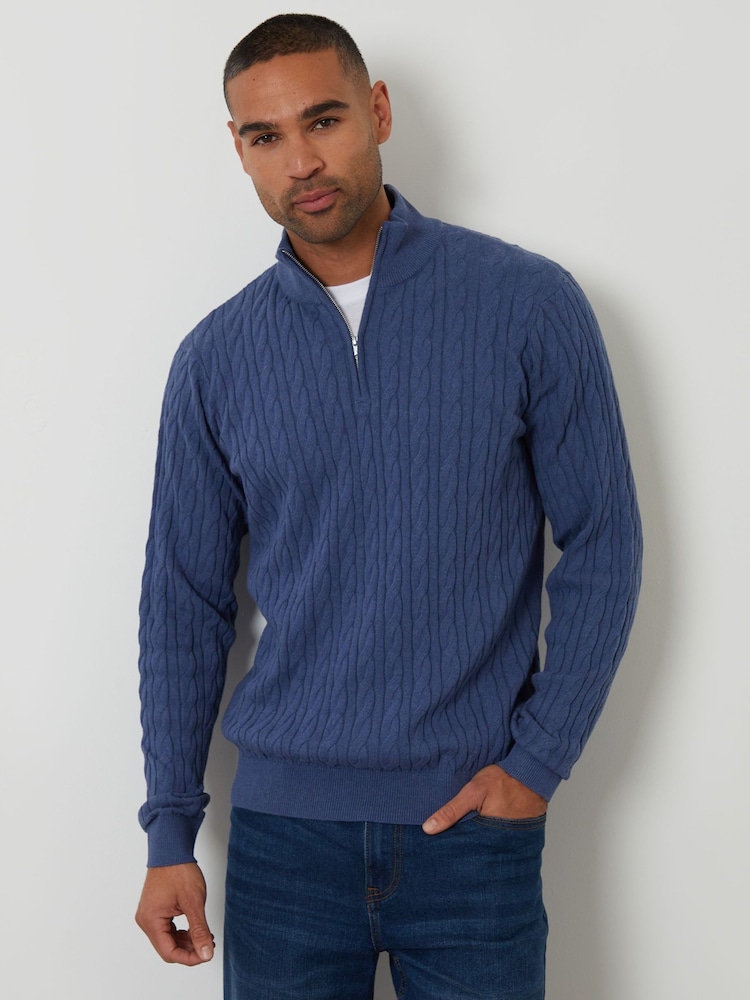 Threadbare Blue Cable Knit Quarter Zip Jumper - Image 1 of 4