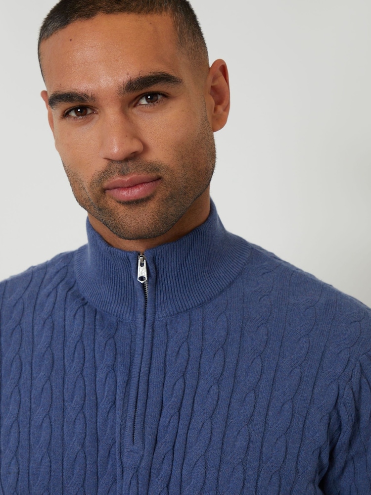 Threadbare Blue Cable Knit Quarter Zip Jumper - Image 4 of 4