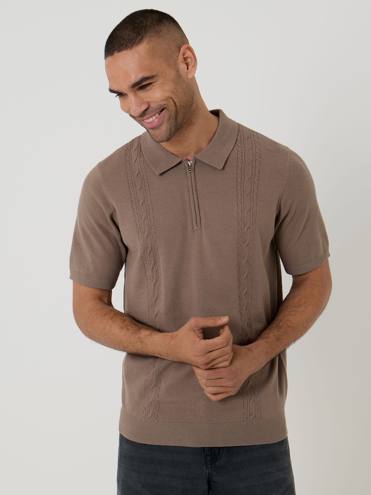 Threadbare Brown Cable Knit Quarter Zip Polo Shirt - Image 1 of 4