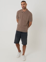 Threadbare Brown Cable Knit Quarter Zip Polo Shirt - Image 3 of 4