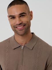 Threadbare Brown Cable Knit Quarter Zip Polo Shirt - Image 4 of 4