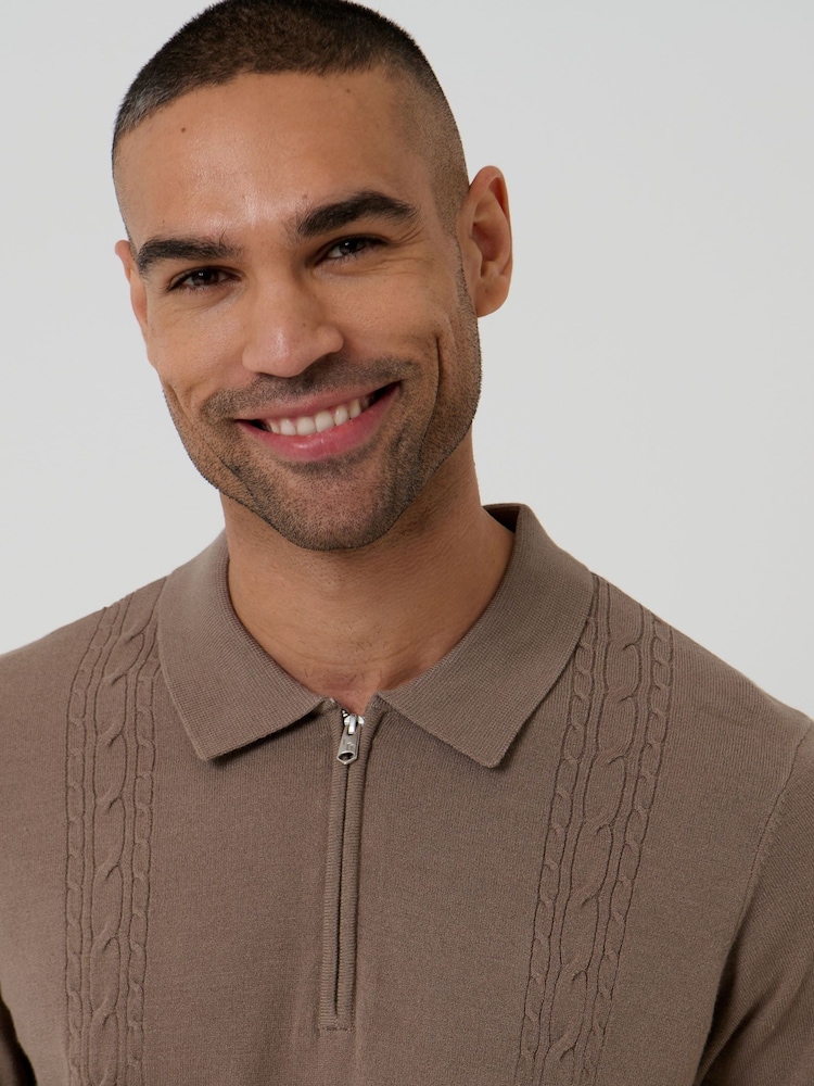 Threadbare Brown Cable Knit Quarter Zip Polo Shirt - Image 4 of 4