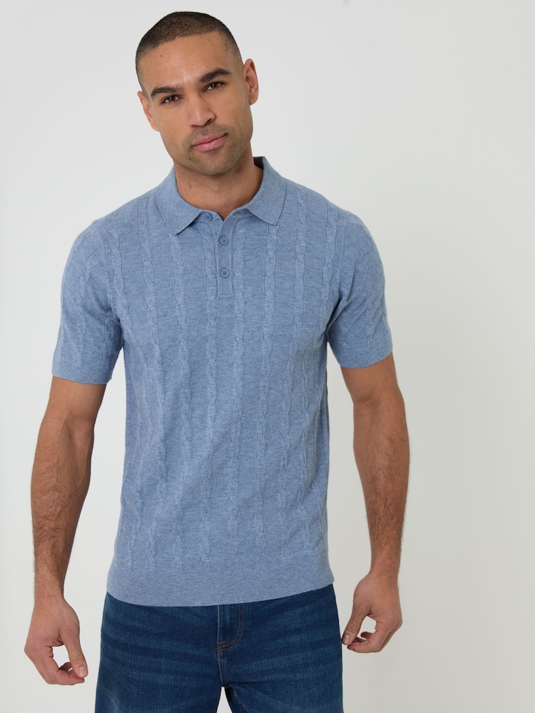 Threadbare Blue Cable Stripe Knitted Button Polo Shirt - Image 1 of 5