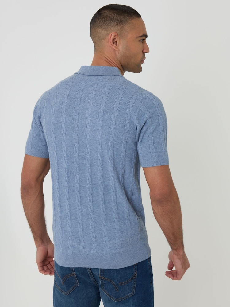 Threadbare Blue Cable Stripe Knitted Button Polo Shirt - Image 2 of 5