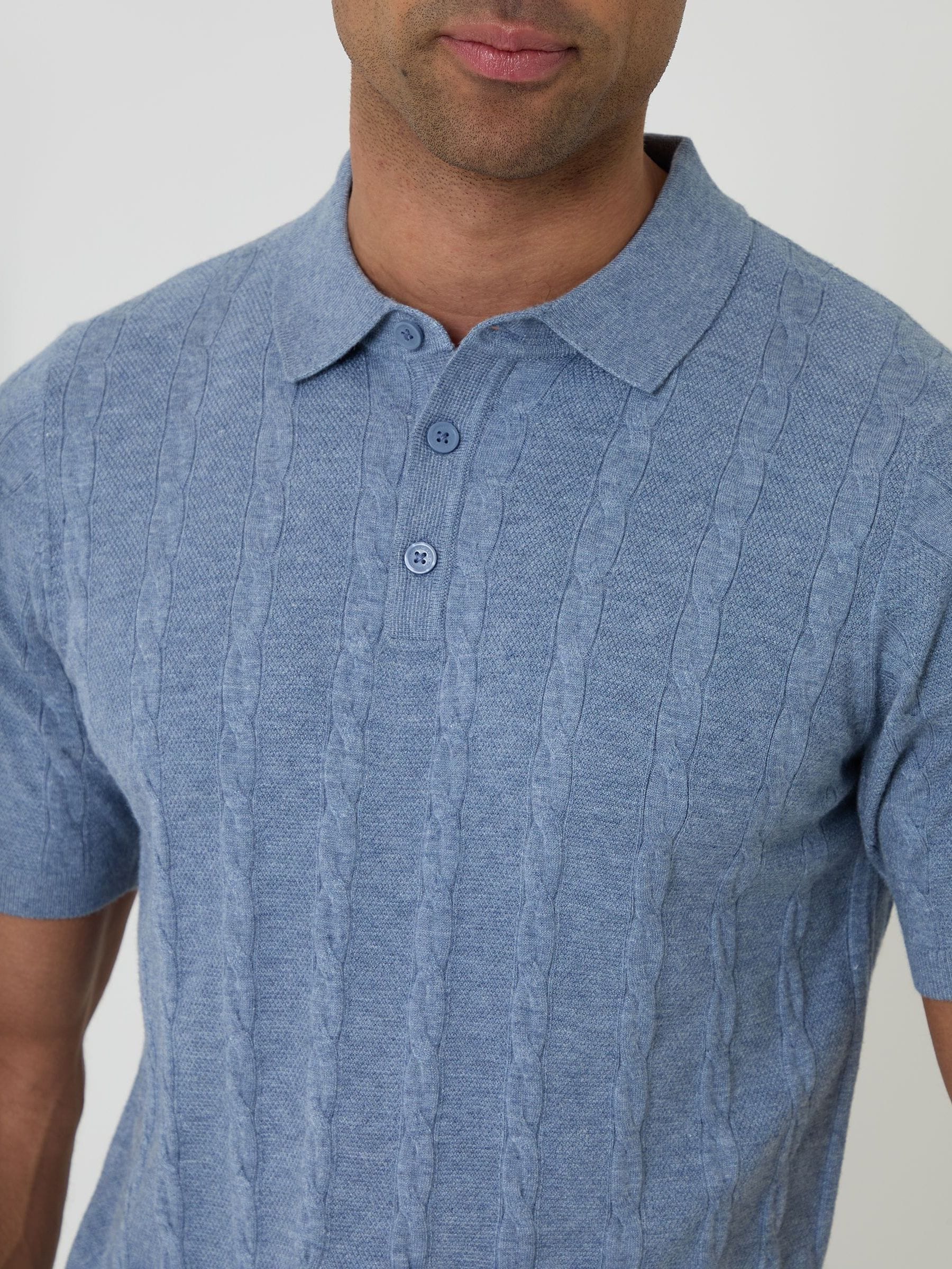 Buy Threadbare Blue Cable Stripe Knitted Button Polo Shirt from