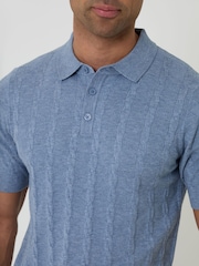 Threadbare Blue Cable Stripe Knitted Button Polo Shirt - Image 3 of 5