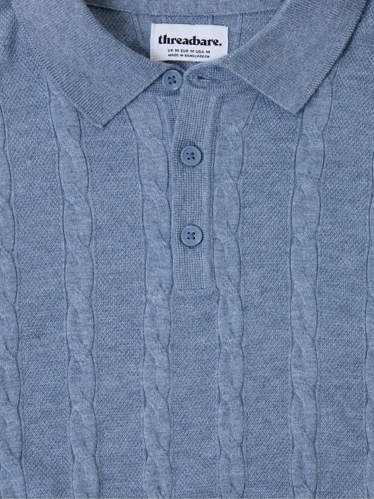 Threadbare Blue Cable Stripe Knitted Button Polo Shirt - Image 5 of 5