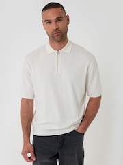 Threadbare Cream Relaxed Fit Knitted Quarter Zip Polo Shirt - Image 1 of 6