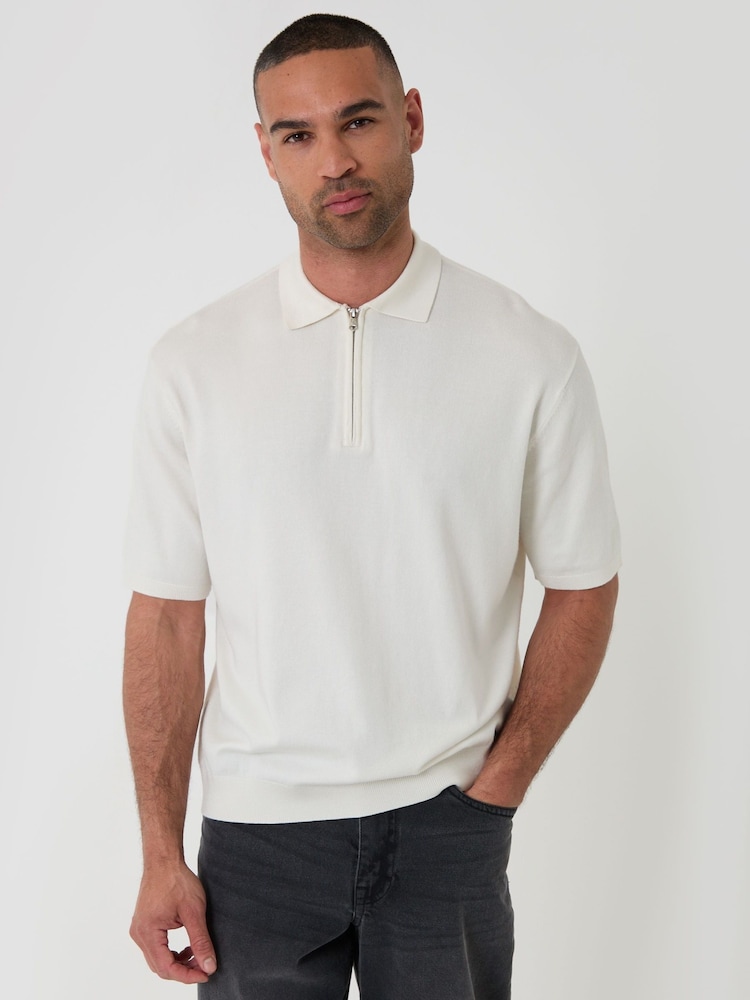 Threadbare Cream Relaxed Fit Knitted Quarter Zip Polo Shirt - Image 1 of 6