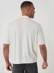 Threadbare Cream Relaxed Fit Knitted Quarter Zip Polo Shirt - Image 2 of 6