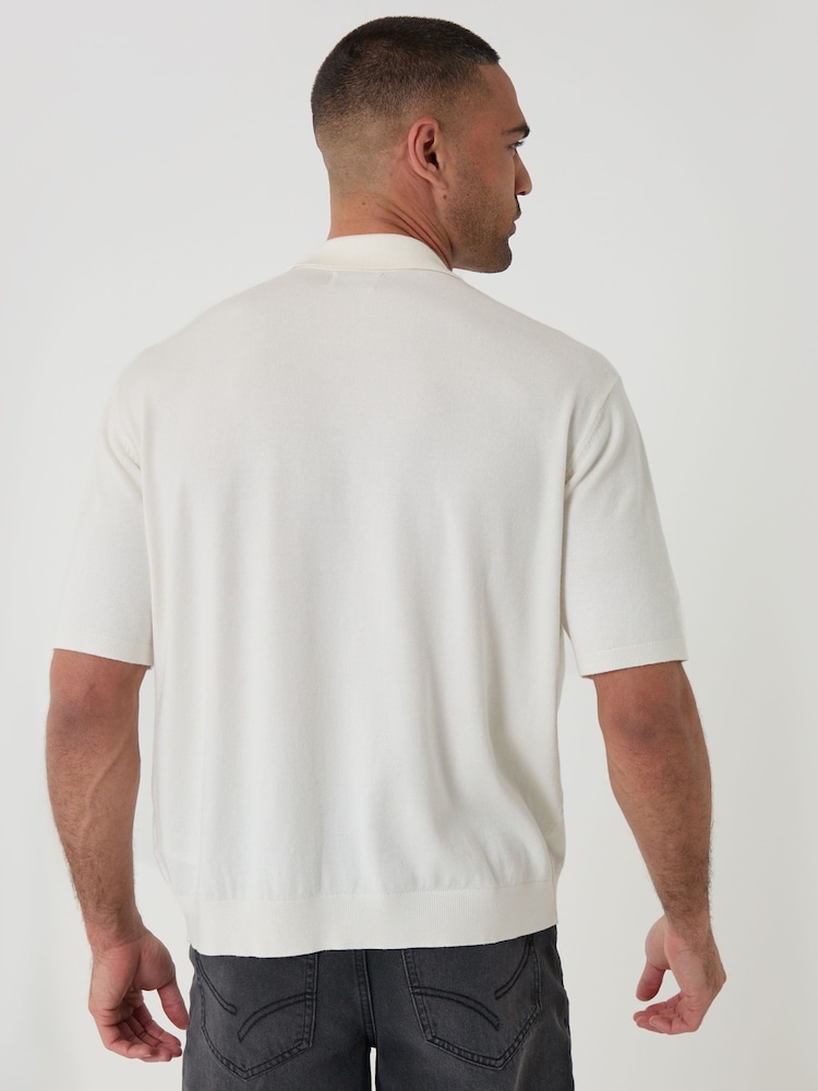 Threadbare Cream Relaxed Fit Knitted Quarter Zip Polo Shirt - Image 2 of 6