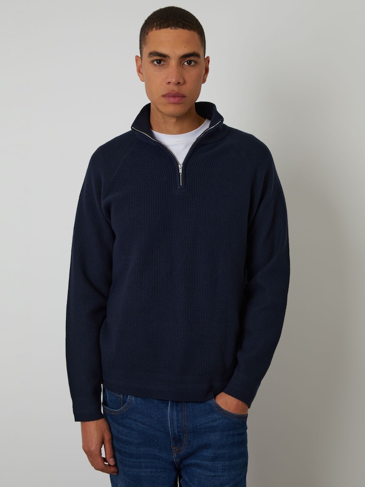 Threadbare Blue Waffle Knit Raglan Quarter Zip Jumper - Image 1 of 4