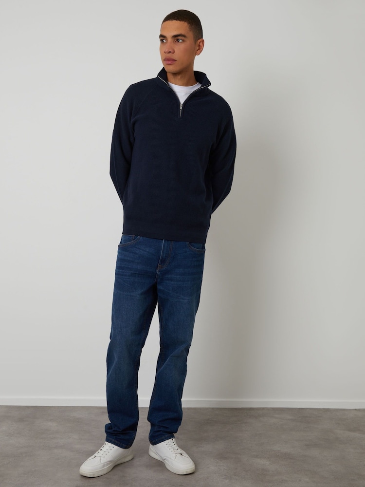 Threadbare Blue Waffle Knit Raglan Quarter Zip Jumper - Image 2 of 4