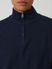 Threadbare Blue Waffle Knit Raglan Quarter Zip Jumper - Image 3 of 4