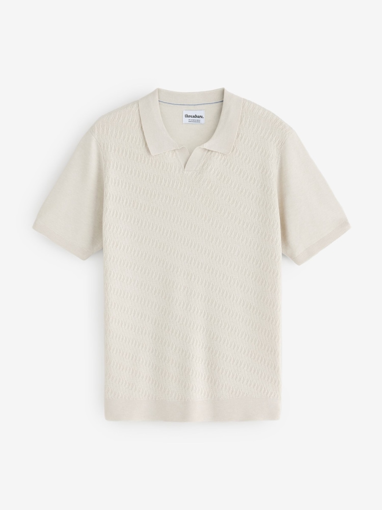 Threadbare Cream Textured Knit Front Trophy Neck Polo Shirt - Image 1 of 1 Threadbare Cream Textured Knit Front Trophy Neck Polo Shirt - Image 1 of 1
