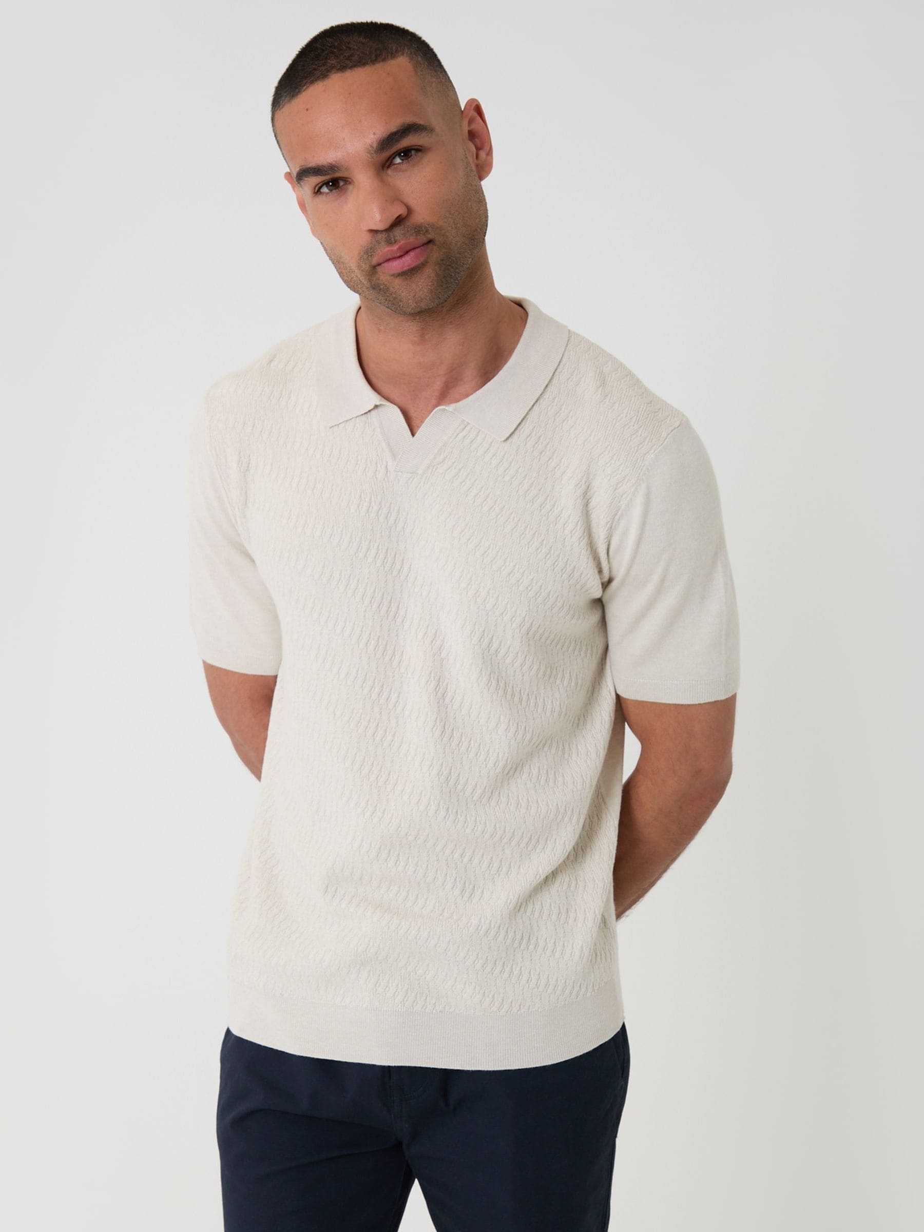 Buy Threadbare Cream Textured Knit Front Trophy Neck Polo Shirt