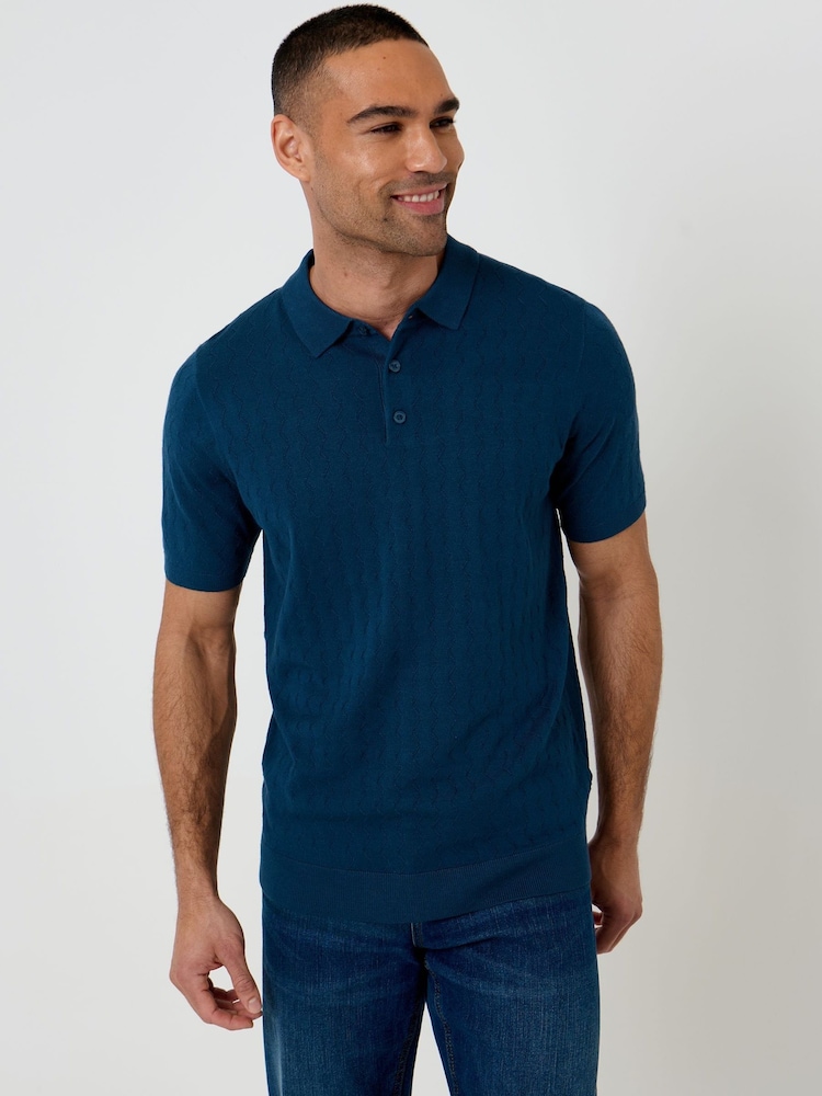 Azul - Threadbare Zig Zag Stitch Knitted Polo Shirt - Imagen 1 de 5