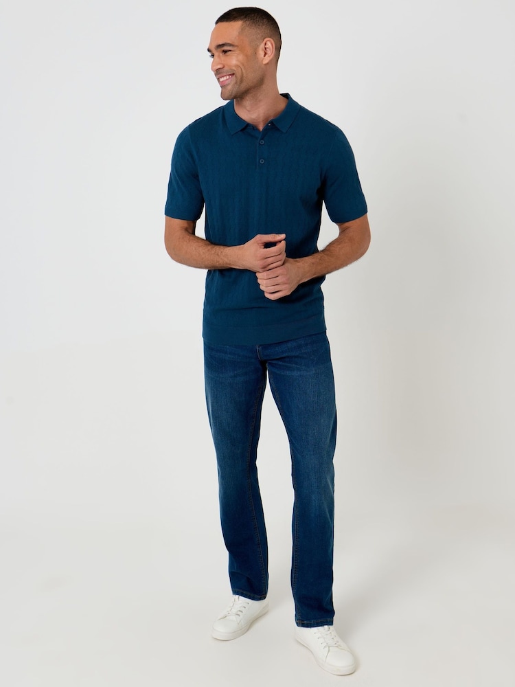 Azul - Threadbare Zig Zag Stitch Knitted Polo Shirt - Imagen 2 de 5