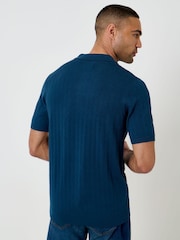 Azul - Threadbare Zig Zag Stitch Knitted Polo Shirt - Imagen 3 de 5