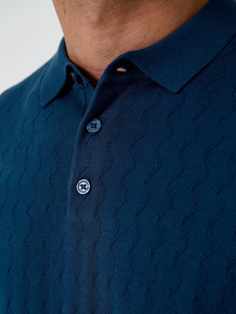 Azul - Threadbare Zig Zag Stitch Knitted Polo Shirt - Imagen 5 de 5