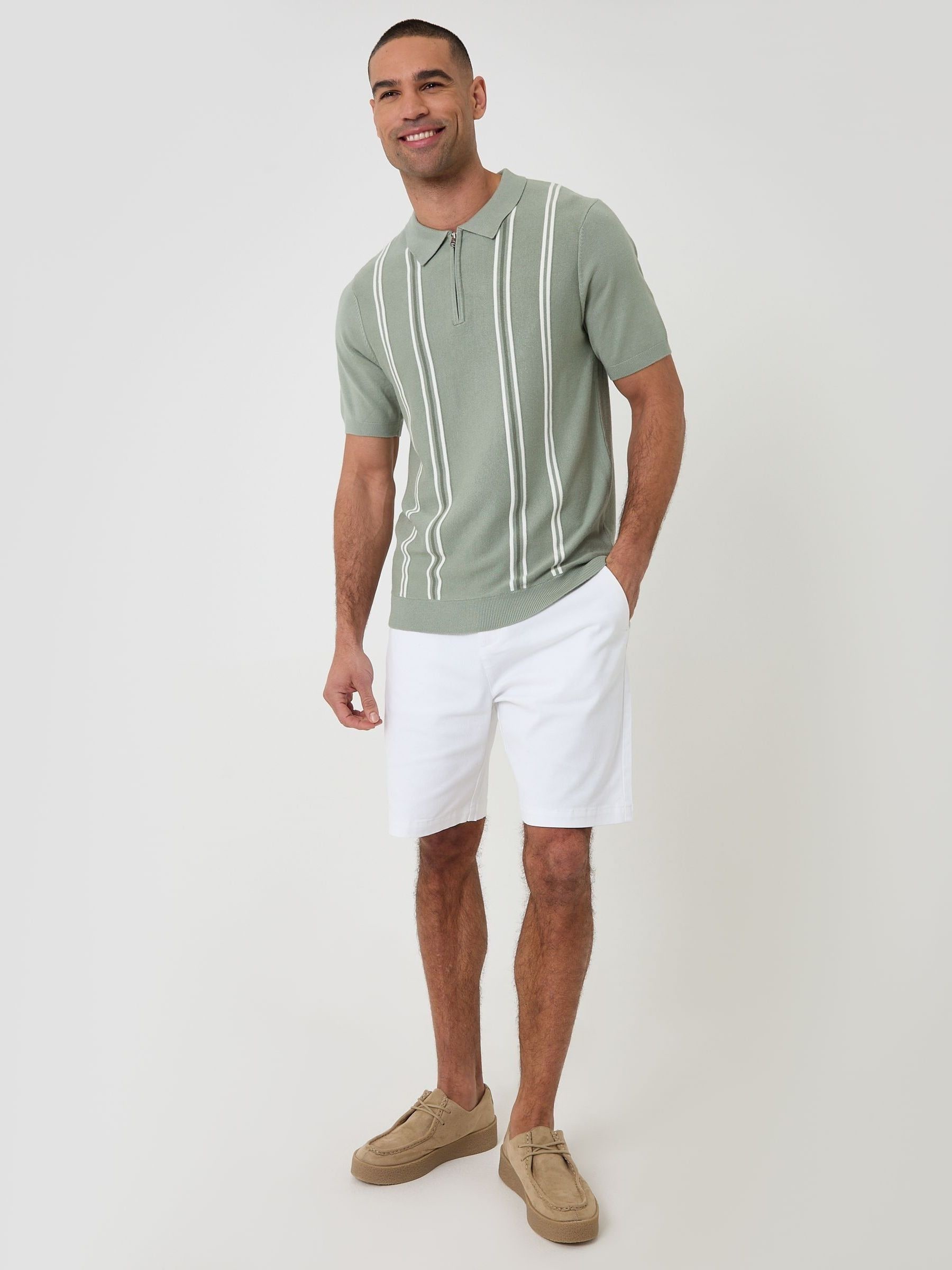Buy Threadbare Green Stripe Quarter Zip Knitted Polo Shirt from