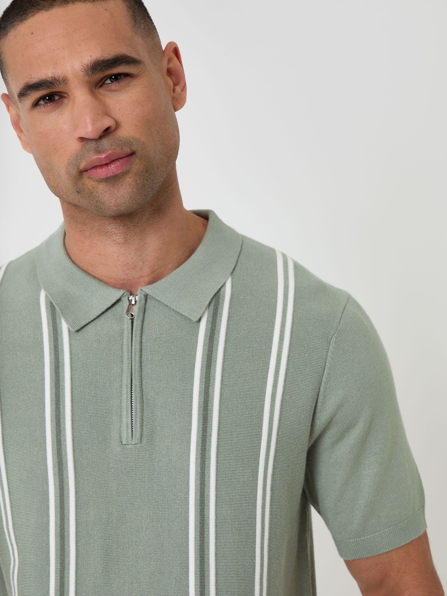 Buy Threadbare Green Stripe Quarter Zip Knitted Polo Shirt from