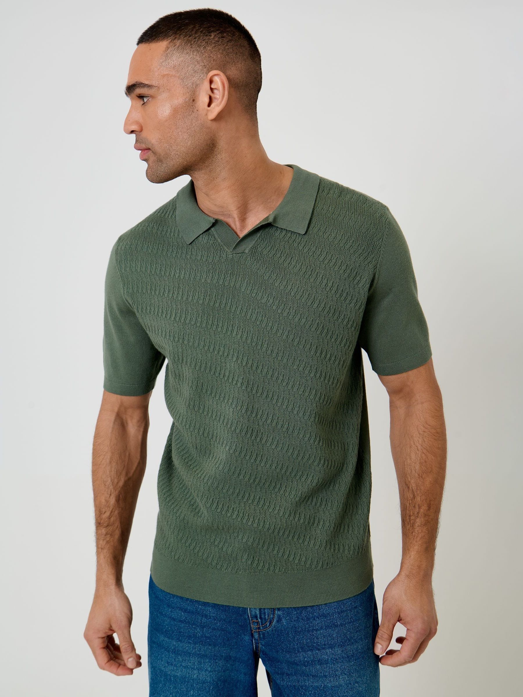 Buy Threadbare Green Textured Knit Front Trophy Neck Polo Shirt
