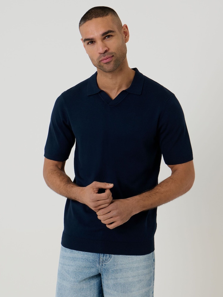 Threadbare Navy Blue Knitted Trophy Neck Polo Shirt - Image 1 of 4