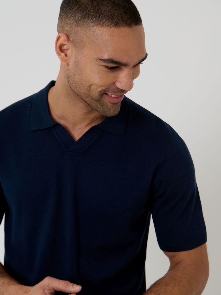 Threadbare Navy Blue Knitted Trophy Neck Polo Shirt - Image 4 of 4