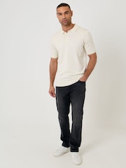 Crema - Threadbare Zig Zag Stitch Knitted Polo Shirt - Imagen 3 de 5