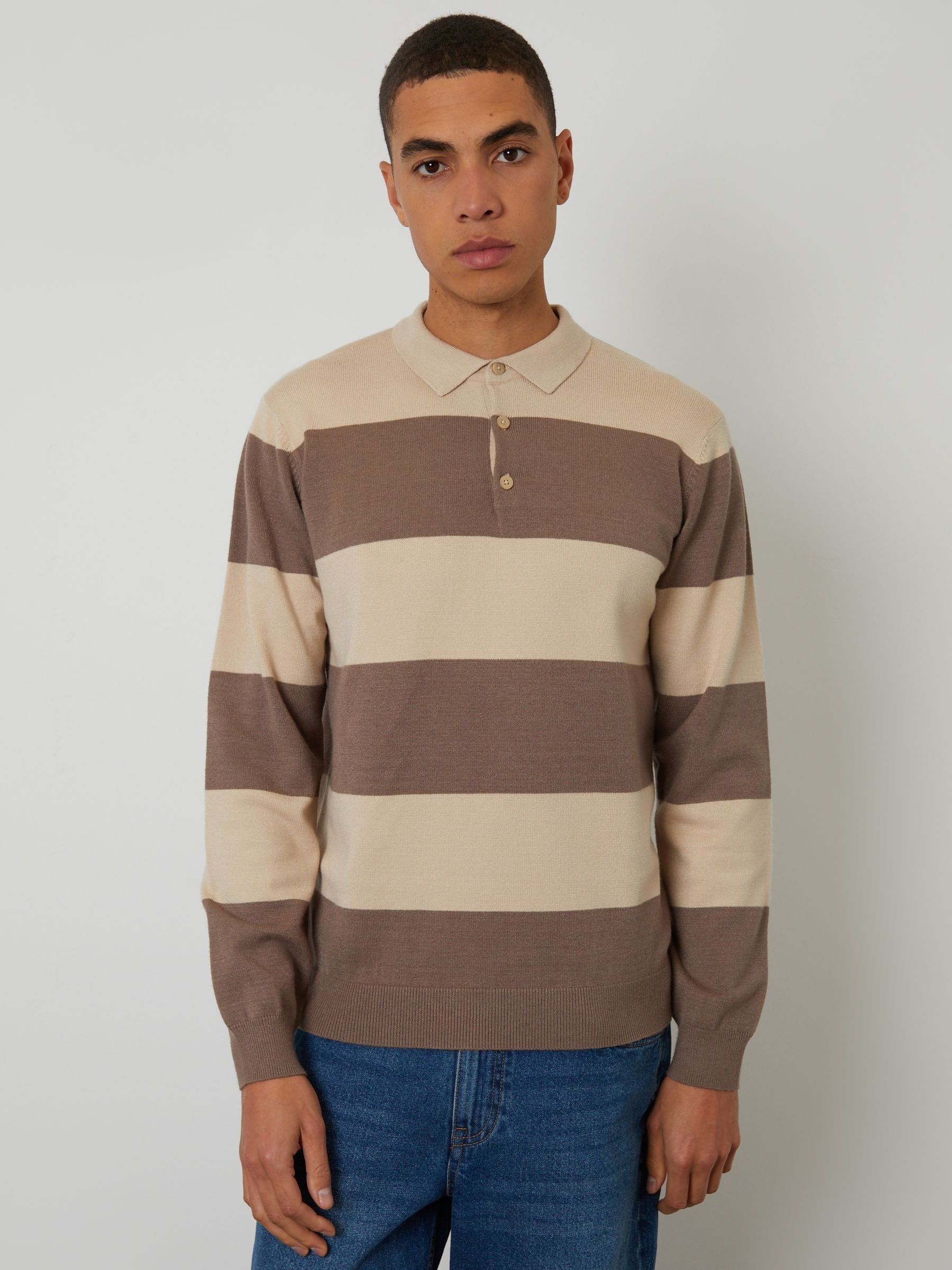 Buy Threadbare Brown Striped Knitted Long Sleeve Rugby Polo Shirt