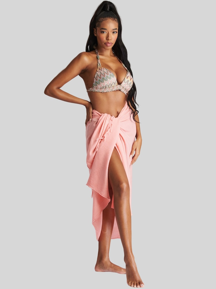 South Beach Peach Crinkle Viscose Fringed Sarong Cover-Up - Image 2 of 6