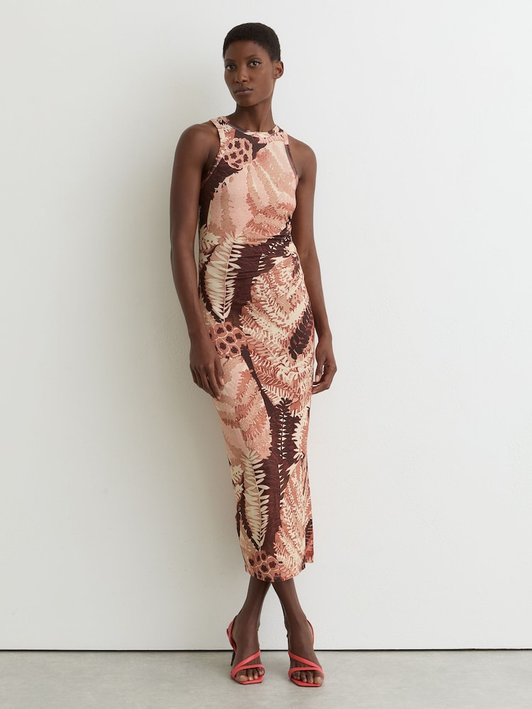 Reiss Pink Lola Jersey Floral-Print Ruched Midi Dress - Image 1 of 6 Reiss Pink Lola Jersey Floral-Print Ruched Midi Dress - Image 1 of 6