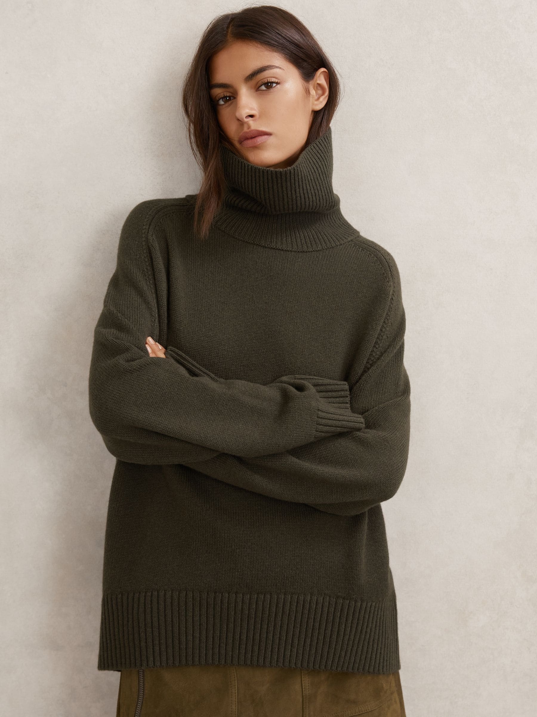 Reiss Khaki Green Petite Wool-cashmere Roll-neck Jumper