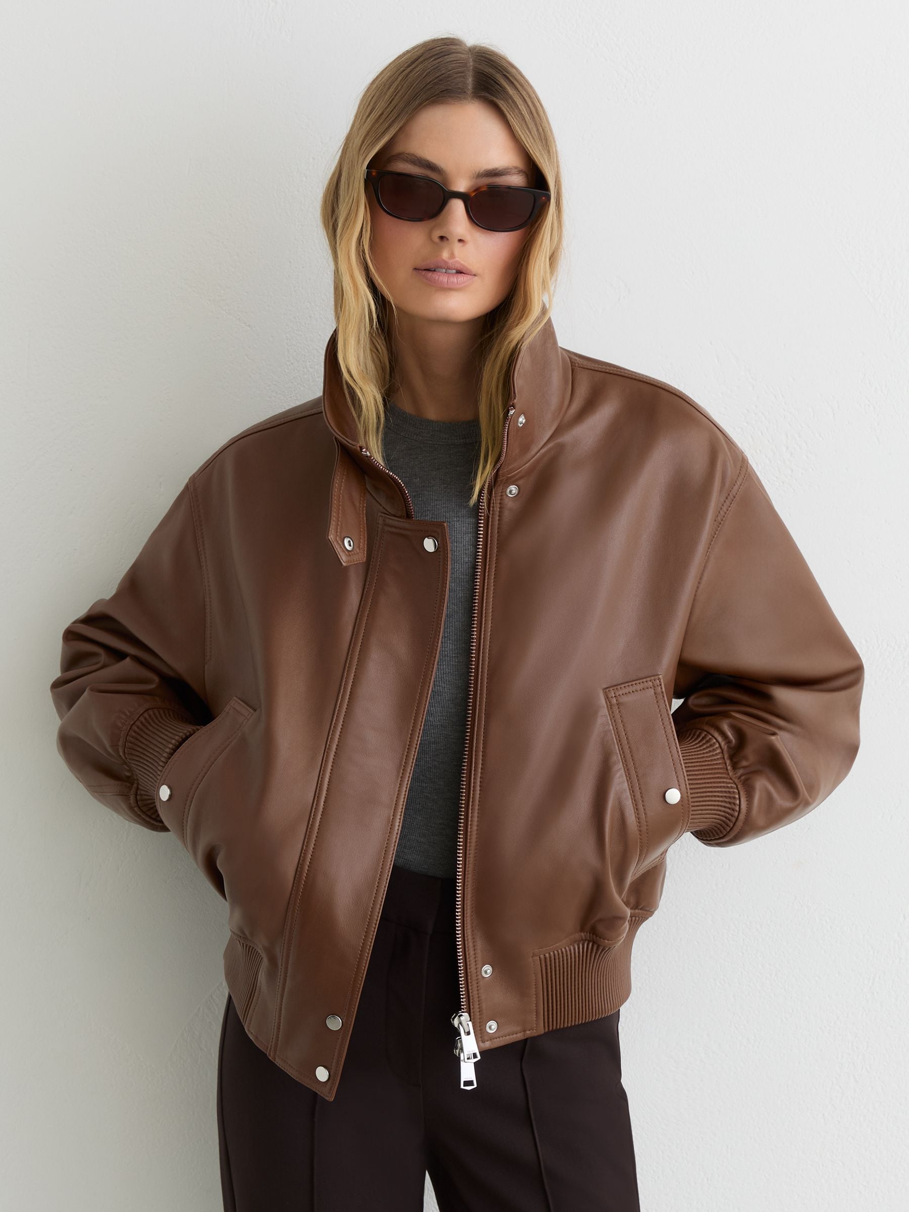 Reiss Chestnut Brown Petite Leather Funnel-neck Bomber Jacket