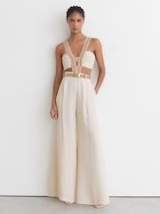 Reiss Ivory Scarlett Woven-Trim Cut-Out Wide Leg Jumpsuit - Image 1 of 7