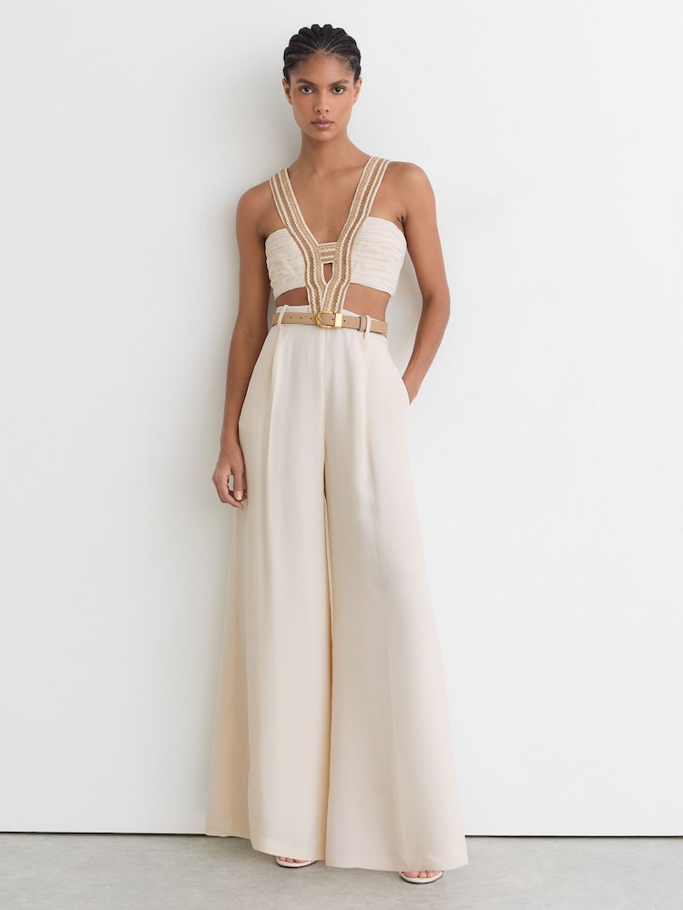 Reiss Ivory Scarlett Woven-Trim Cut-Out Wide Leg Jumpsuit - Image 1 of 7