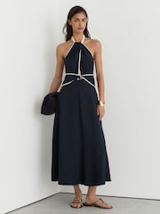 Reiss Navy/Ivory Blair Contrast-Trim Halterneck Midi Dress - Image 1 of 7