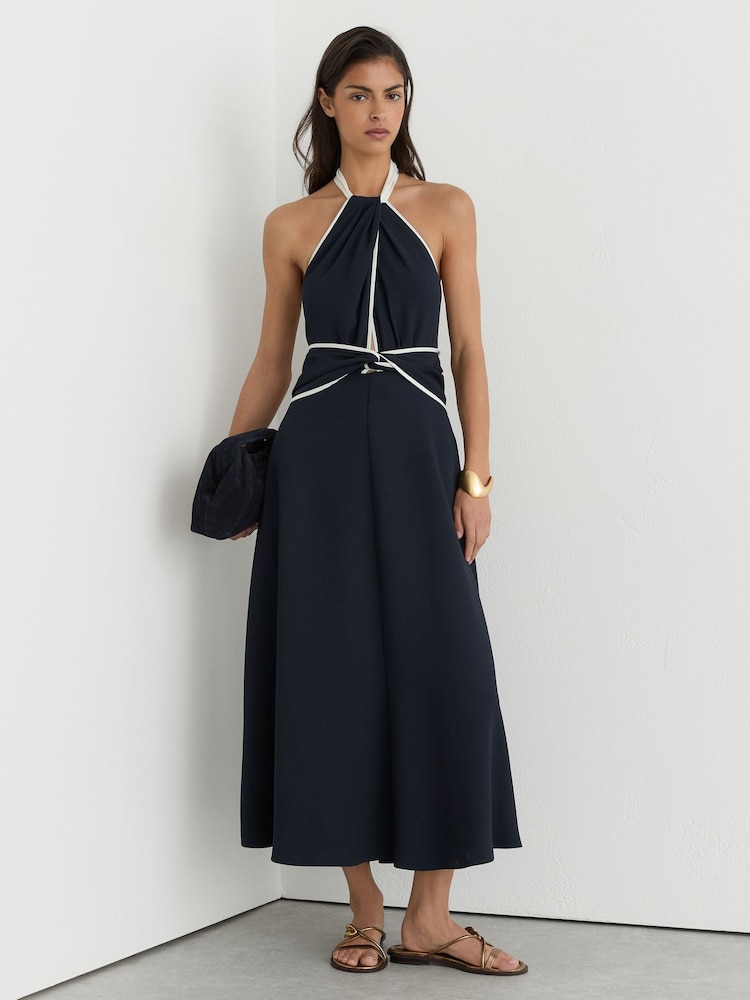 Reiss Navy/Ivory Blair Contrast-Trim Halterneck Midi Dress - Image 1 of 7 Reiss Navy/Ivory Blair Contrast-Trim Halterneck Midi Dress - Image 1 of 7