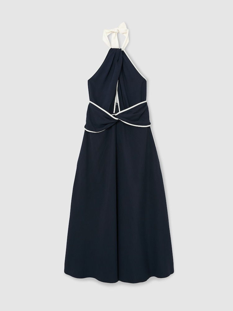 Reiss Navy/Ivory Blair Contrast-Trim Halterneck Midi Dress - Image 2 of 7 Reiss Navy/Ivory Blair Contrast-Trim Halterneck Midi Dress - Image 2 of 7