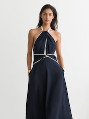 Reiss Navy/Ivory Blair Contrast-Trim Halterneck Midi Dress - Image 3 of 7